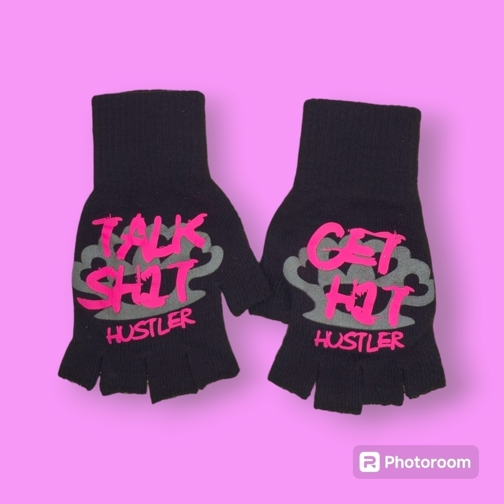 Y2K Hustler Talk Sh*t Get Hit Black & Pink Fingerless Gloves